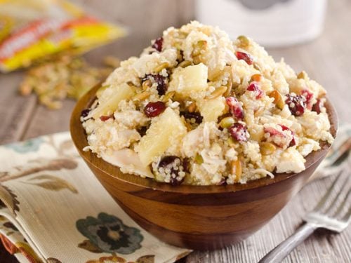 Harvest Chicken Quinoa Salad is a healthy and delicious lunch studded with chewy cranberries, juicy pineapple and salty pumpkin seeds along with the tender chicken & protein packed quinoa that are dressed in a homemade pineapple and honey vinaigrette. #Quinoa #Salad #Chicken