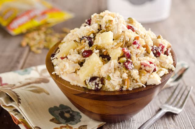 Harvest Chicken Quinoa Salad is a healthy and delicious lunch studded with chewy cranberries, juicy pineapple and salty pumpkin seeds along with the tender chicken & protein packed quinoa that are dressed in a homemade pineapple and honey vinaigrette. #Quinoa #Salad #Chicken