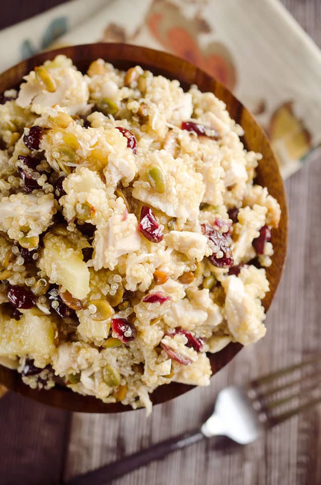 Harvest Chicken Quinoa Salad is a healthy and delicious lunch studded with chewy cranberries, juicy pineapple and salty pumpkin seeds along with the tender chicken & protein packed quinoa that are dressed in a homemade pineapple and honey vinaigrette. #Quinoa #Salad #Chicken