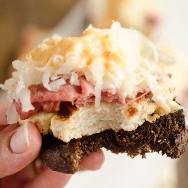 Light Reuben Turkey Burger Sliders are a healthy dinner bursting with flavor from corned beef, thousand island and Swiss cheese. The lean turkey burgers are kept extra moist with the addition of sauerkraut mixed right in!