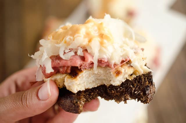 Light Reuben Turkey Burger Sliders are a healthy dinner bursting with flavor from corned beef, thousand island and Swiss cheese. The lean turkey burgers are kept extra moist with the addition of sauerkraut mixed right in!