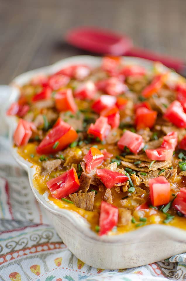 Light Taco Rice Bake is an easy and hearty casserole full of lean ground beef, brown rice, corn and cottage cheese for a protein packed dinner that tastes amazing!