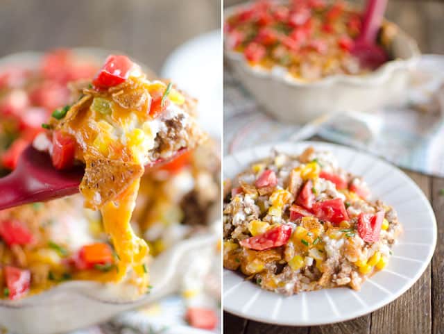 Light Taco Rice Bake is an easy and hearty casserole full of lean ground beef, brown rice, corn and cottage cheese for a protein packed dinner that tastes amazing!
