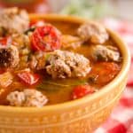 Light Tomato Basil Meatball Soup is a hearty and healthy dinner filled with lean meatballs and fresh tomatoes and basil and will leave you feeling warmed up and satisfied! #Meatball #Soup #Healthy