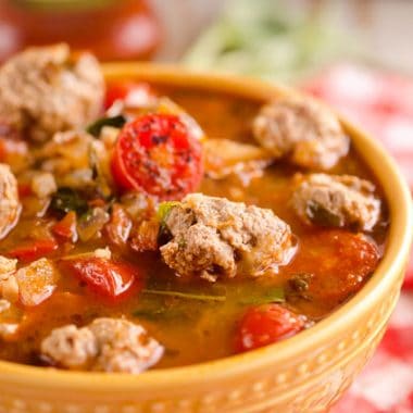 Light Tomato Basil Meatball Soup is a hearty and healthy dinner filled with lean meatballs and fresh tomatoes and basil and will leave you feeling warmed up and satisfied! #Meatball #Soup #Healthy