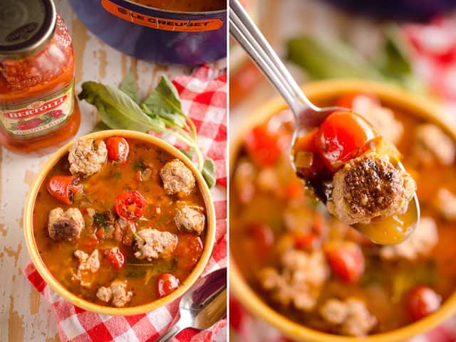 Light Tomato Basil Meatball Soup is a hearty and healthy dinner filled with lean meatballs and fresh tomatoes and basil and will leave you feeling warmed up and satisfied! #Meatball #Soup #Healthy