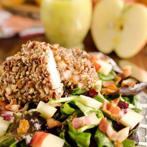 Harvest Salad with Pecan Crusted Chicken is full of great fall flavors including dried cranberries, golden raisins, bacon, chopped apples and a tender chicken breast crusted with toasted pecans.