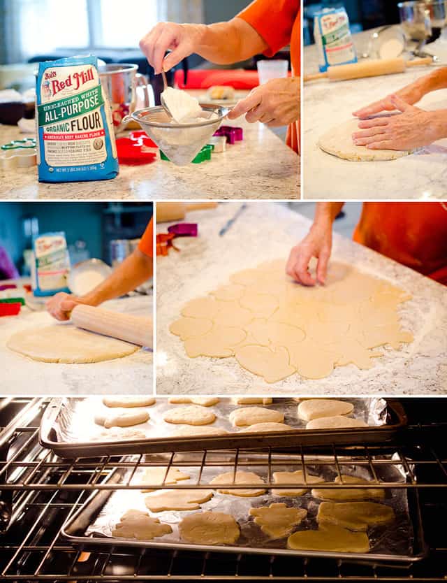 cut out cookies being rolled out and baked