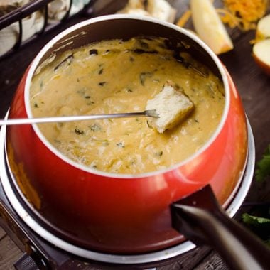 Zesty Cheddar Fondue is an easy and delicious appetizer perfect for the holidays. It is a creamy cheese fondue filled with rich sharp cheddar, onions, garlic and cilantro that pairs perfectly with bread and apples.