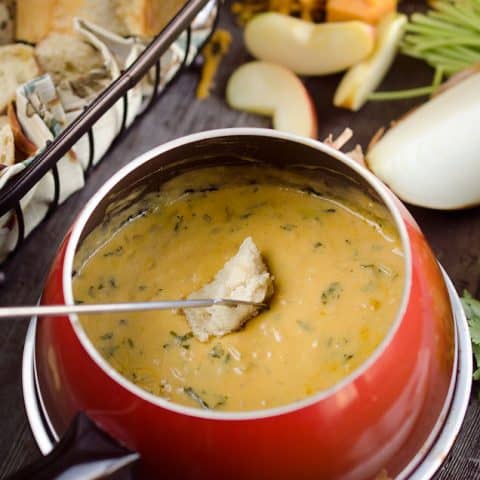 Zesty Cheddar Fondue is an easy and delicious appetizer perfect for the holidays. It is a creamy cheese fondue filled with rich sharp cheddar, onions, garlic and cilantro that pairs perfectly with bread and apples.
