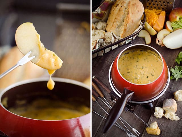 Zesty Cheddar Fondue is an easy and delicious appetizer perfect for the holidays. It is a creamy cheese fondue filled with rich sharp cheddar, onions, garlic and cilantro that pairs perfectly with bread and apples.