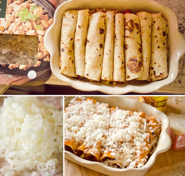 30 Minute Light Chicken Enchiladas är fulla av smulade kycklinggrönsaker och en kryddig enchiladasås för en lätt vardagsmiddag!