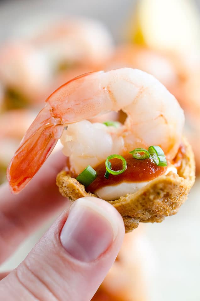 Light Shrimp Cocktail Bites are the perfect finger food to celebrate a holiday party. These individual bites of shrimp cocktail are lightened up with reduced fat cream cheese and Greek yogurt for a delicious and guilt free finger food you can enjoy!