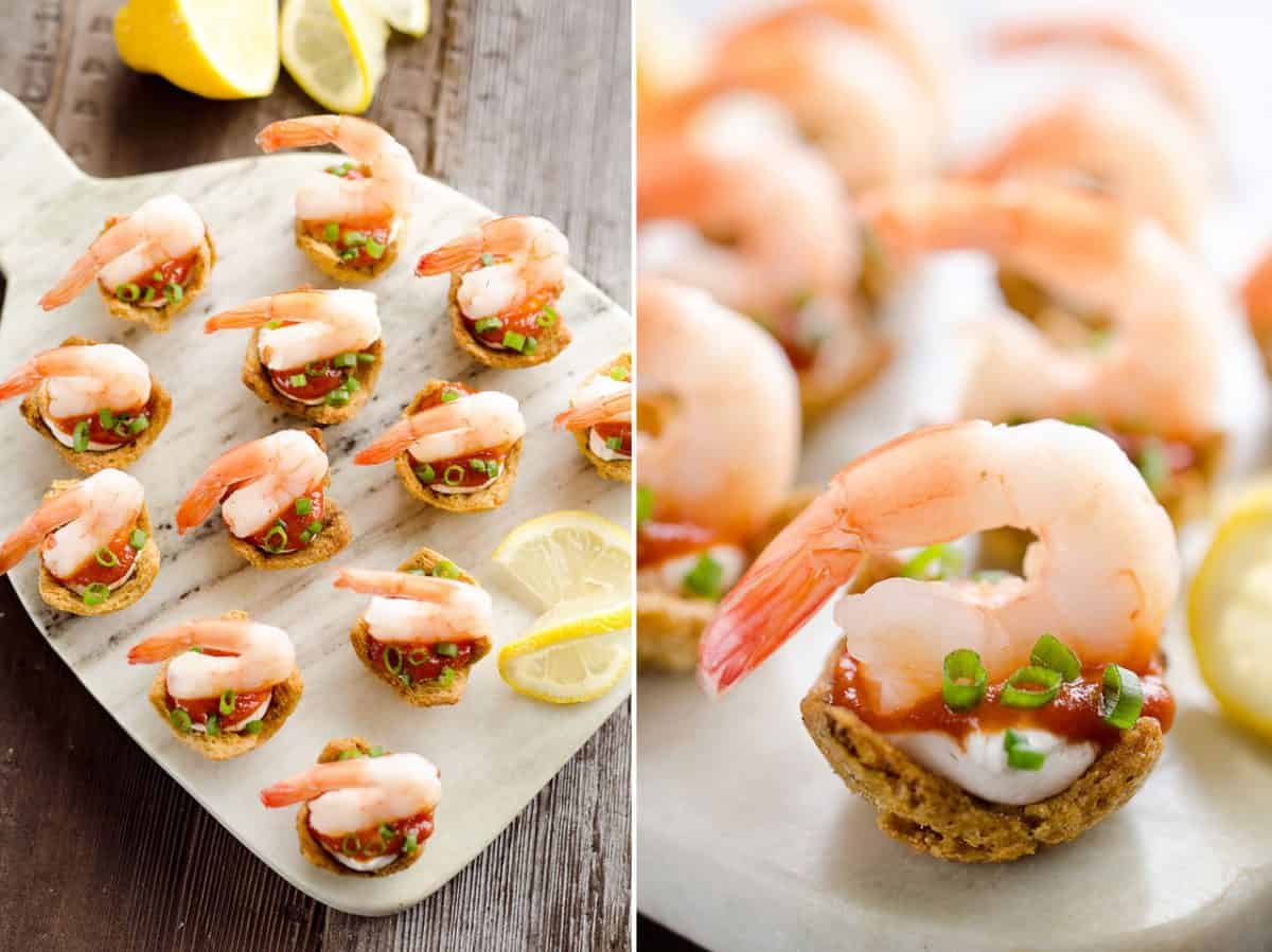 Light Shrimp Cocktail Bites are the perfect finger food to celebrate a holiday party. These individual bites of shrimp cocktail are lightened up with reduced fat cream cheese and Greek yogurt for a delicious and guilt free finger food you can enjoy!