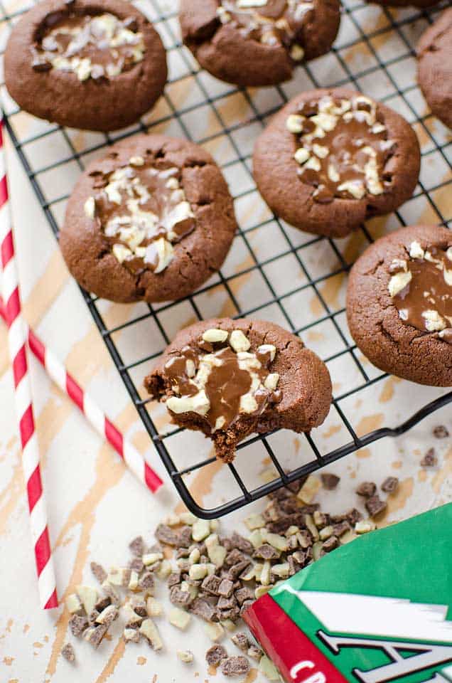 Mint Chocolate Thumbprint Cookies a sweet holiday treat filled with Andes mints, sure to please all of the chocolate lovers at Christmas!