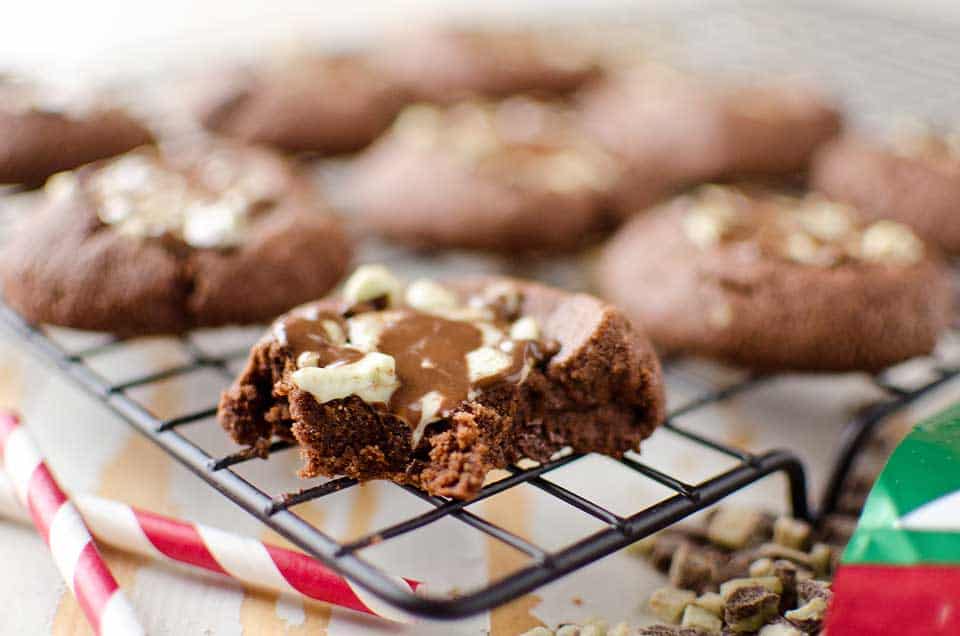 Mint Chocolate Thumbprint Cookies a sweet holiday treat filled with Andes mints, sure to please all of the chocolate lovers at Christmas!