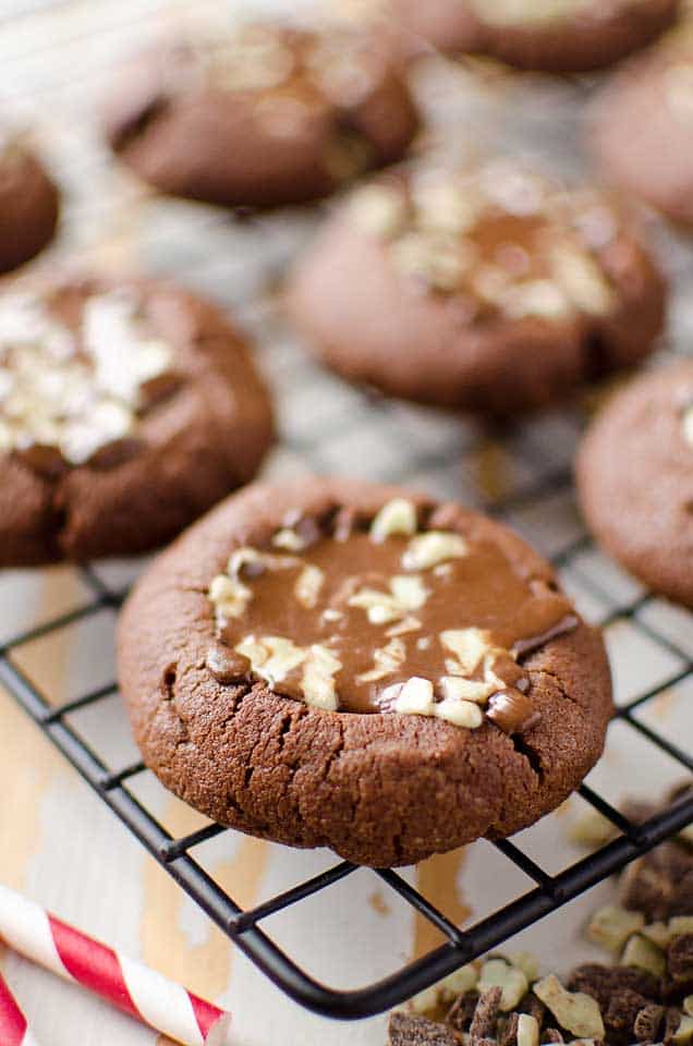 Mint Chocolate Thumbprint Cookies a sweet holiday treat filled with Andes mints, sure to please all of the chocolate lovers at Christmas!