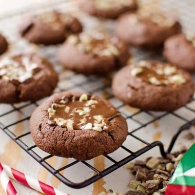 Mint Chocolate Thumbprint Cookies a sweet holiday treat filled with Andes mints, sure to please all of the chocolate lovers at Christmas!