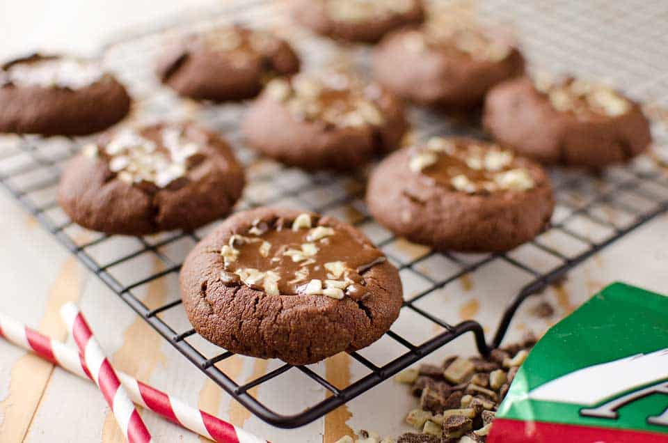 Mint Chocolate Thumbprint Cookies a sweet holiday treat filled with Andes mints, sure to please all of the chocolate lovers at Christmas!