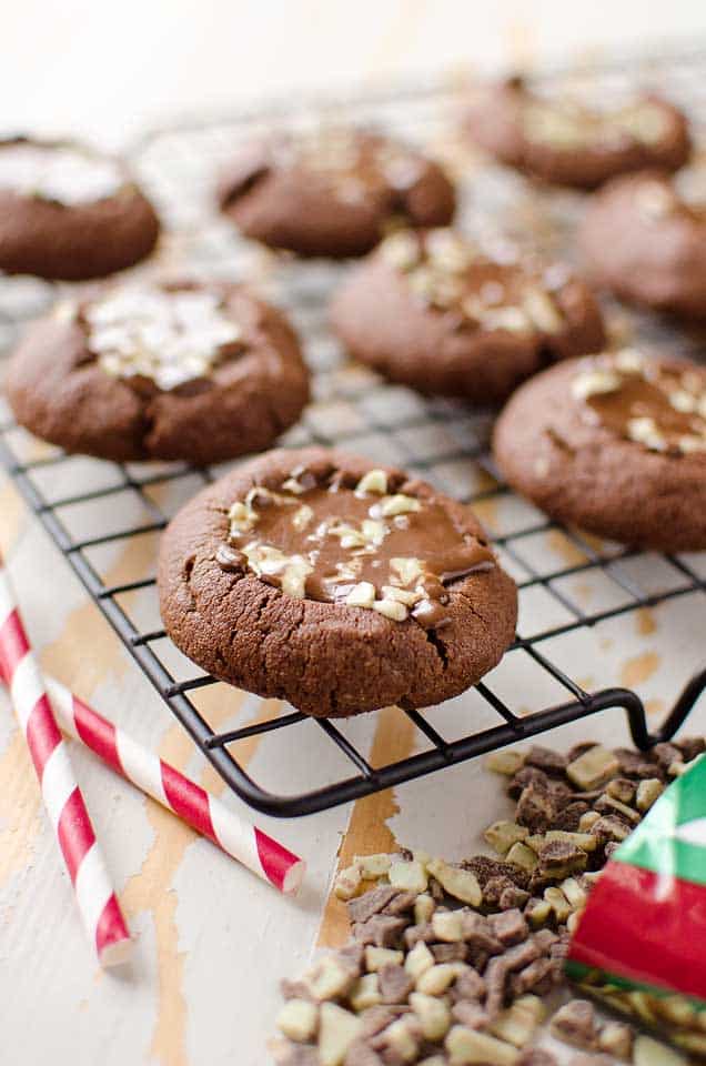 Mint Chocolate Thumbprint Cookies a sweet holiday treat filled with Andes mints, sure to please all of the chocolate lovers at Christmas!