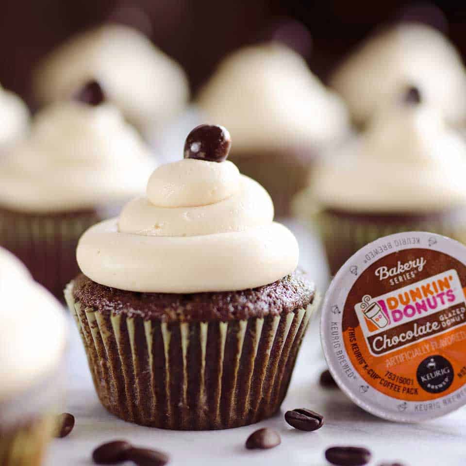 Mocha Sour Cream Cupcakes made with Dunkin’ Donuts® Coffee are a rich and decadent chocolate cupcake topped with a mocha buttercream for a sweet treat perfect for any coffee lover!