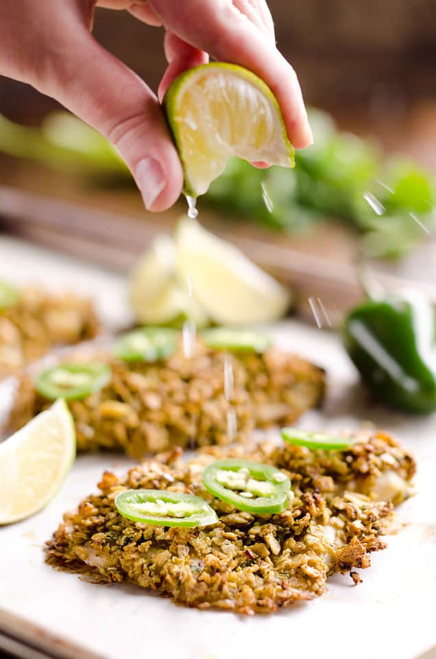 Baked Tortilla Crusted Tilapia is a light and healthy dinner idea with a crunchy tortilla and jalapeño crust full of spicy southwestern flavors.