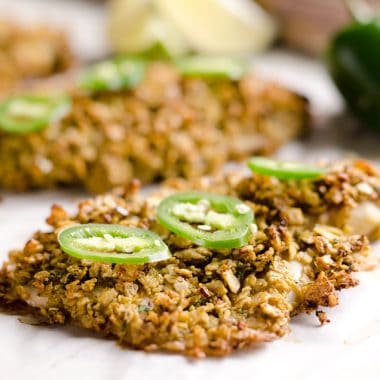 Baked Tortilla Crusted Tilapia is a light and healthy dinner idea with a crunchy tortilla and jalapeño crust full of spicy southwestern flavors.