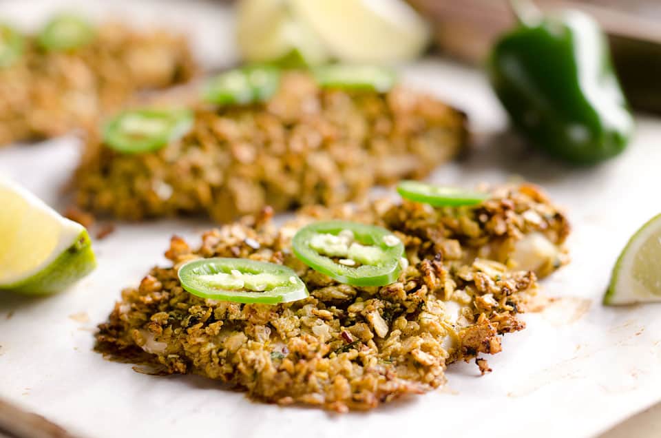 Baked Tortilla Crusted Tilapia is a light and healthy dinner idea with a crunchy tortilla and jalapeño crust full of spicy southwestern flavors.