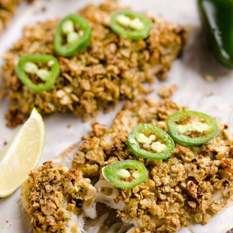 Baked Tortilla Crusted Tilapia is a light and healthy dinner idea with a crunchy tortilla and jalapeño crust full of spicy southwestern flavors.