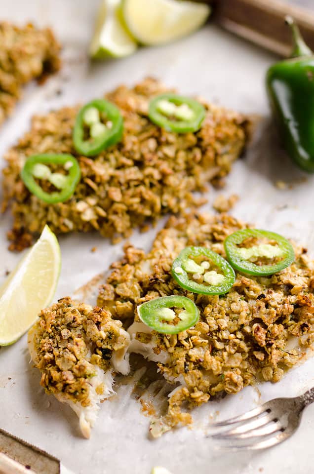 Baked Tortilla Crusted Tilapia is a light and healthy dinner idea with a crunchy tortilla crust full of spicy southwestern flavors that is ready in just 20 minutes!