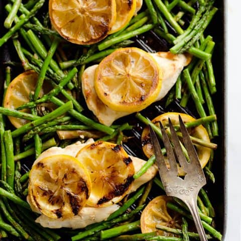 Grilled Lemon Chicken Skillet is a one-pan dish with only 5 ingredients, including lean chicken breasts, lemons and asparagus, for an easy and healthy weeknight dinner bursting with fresh flavors!