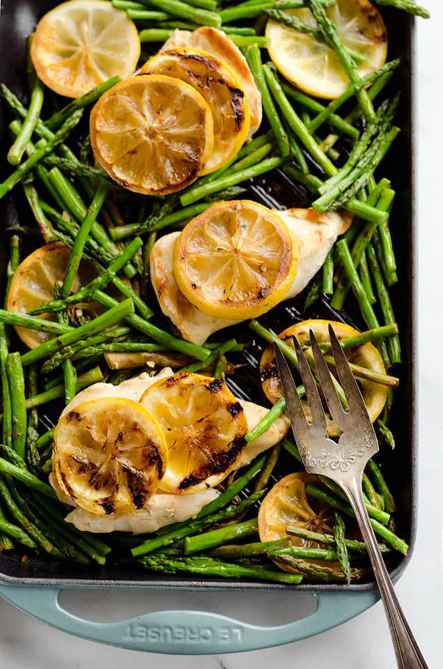 Grilled Lemon Chicken Skillet is a one-pan dish with only 5 ingredients, including lean chicken breasts, lemons and asparagus, for an easy and healthy weeknight dinner bursting with fresh flavors!