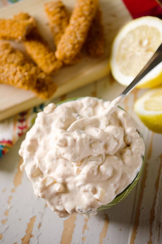 Light Chipotle Tartar Sauce is made with Greek yogurt for a healthy version of the classic dipping sauce that pairs so perfectly with fish. 