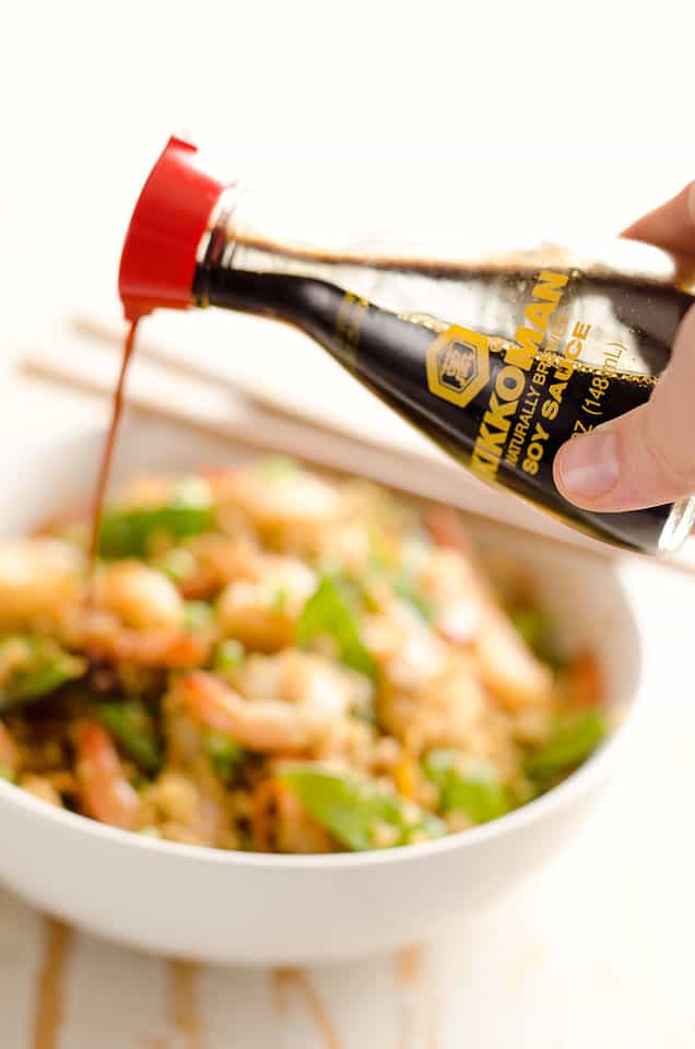 Light Shrimp Fried Quinoa is a healthy dinner full of protein packed quinoa and shrimp then finished off with delicious Kikkoman soy sauce!