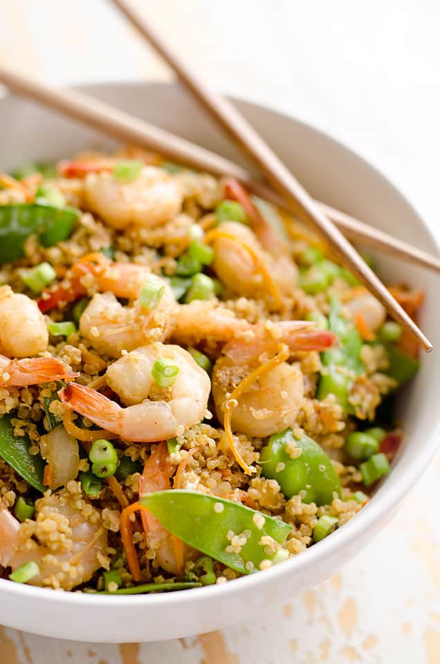 Light Shrimp Fried Quinoa is a healthy dinner full of protein packed quinoa and shrimp then finished off with delicious Kikkoman soy sauce!