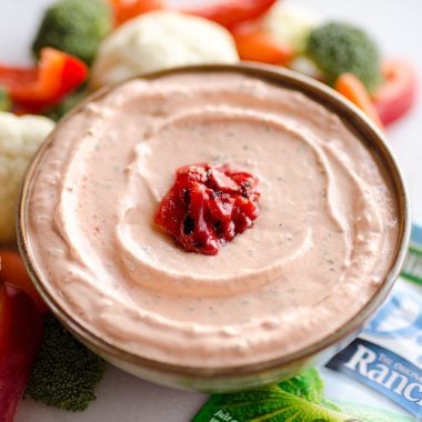 Roasted Red Pepper Ranch Dip is an easy appetizer with light cream cheese, Greek yogurt, and Hidden Valley Ranch, perfect for dipping with your favorite veggies or crackers!