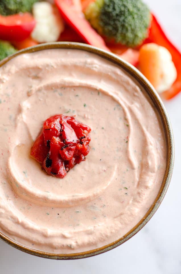 Roasted Red Pepper Ranch Dip is an easy appetizer that comes together in just 5 minutes with light cream cheese, Greek yogurt, and Hidden Valley Ranch, perfect for dipping with your favorite veggies or crackers!