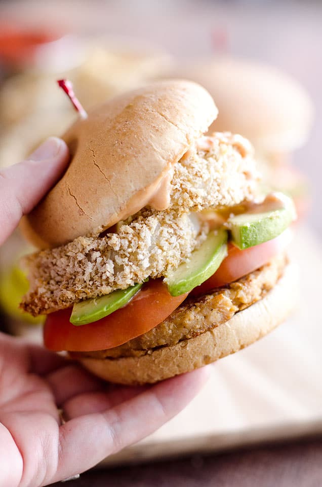 Skinny Cowgirl Veggie Burger is a hearty and healthy vegetarian meal perfect for Meatless Monday. Your favorite veggie burger is topped with homemade baked onion rings smothered in a Greek yogurt and BBQ sauce for bold flavor and crunch.