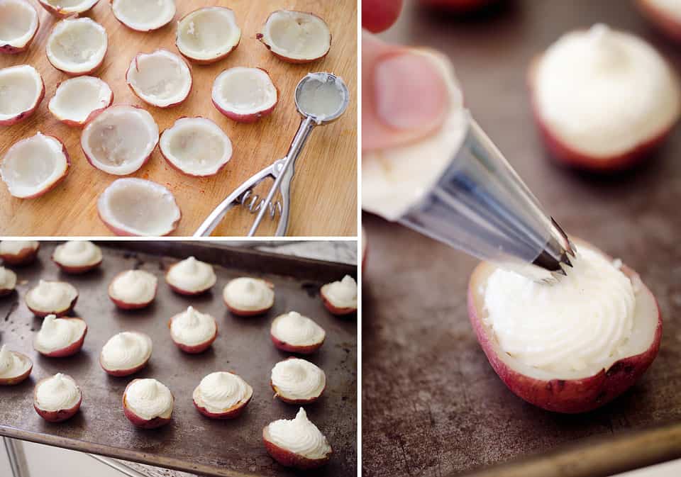 Twice Baked Ranch Potato Poppers are a crowd-pleaser with light and fluffy mashed potatoes mixed with Hidden Valley Ranch seasoning and light sour cream in a potato skin topped with shredded Parmesan for the perfect bite-sized appetizer!