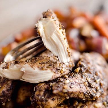 Balsamic Chicken is an easy and simple dinner idea. These flavorful and juicy chicken breasts pair perfectly with roasted vegetables for a healthy and delicious meal.