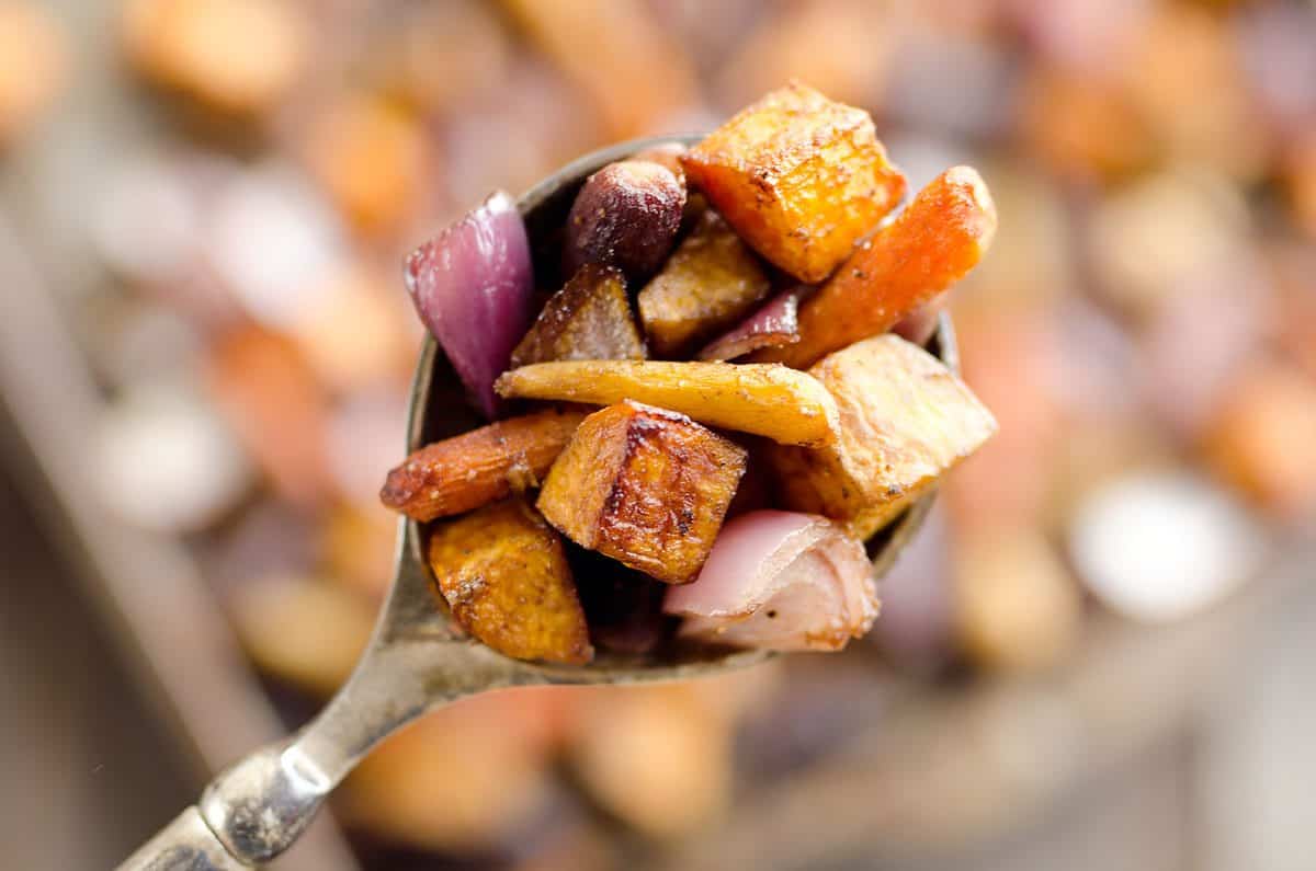 Balsamic Dijon Roasted Root Vegetables is an easy and healthy side dish bursting with tangy balsamic flavor and loaded with hearty root vegetables. 