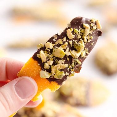 Chocolate & Pistachio Dried Mangoes are an easy and healthy treat to satisfy your sweet tooth! With only 3 ingredients, this delicious snack comes together in no time and is perfect for on the go.