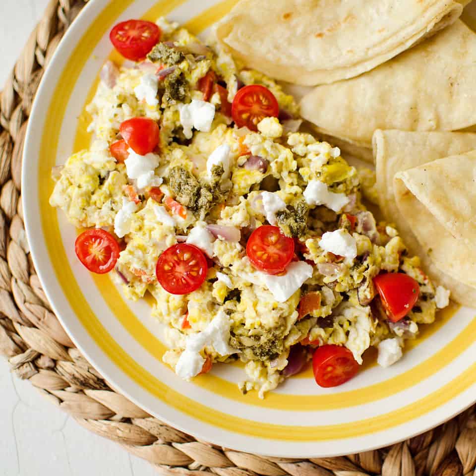 Goat Cheese & Pesto Veggie Scramble - The Creative Bite