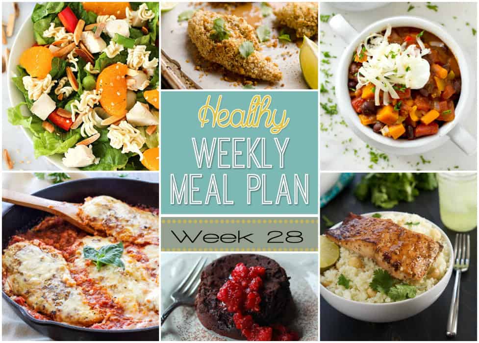 A delicious mix of healthy entrees, snacks and sides make up this Healthy Weekly Meal Plan #28 for an easy week of nutritious meals your family will love! #Healthy #MealPlan