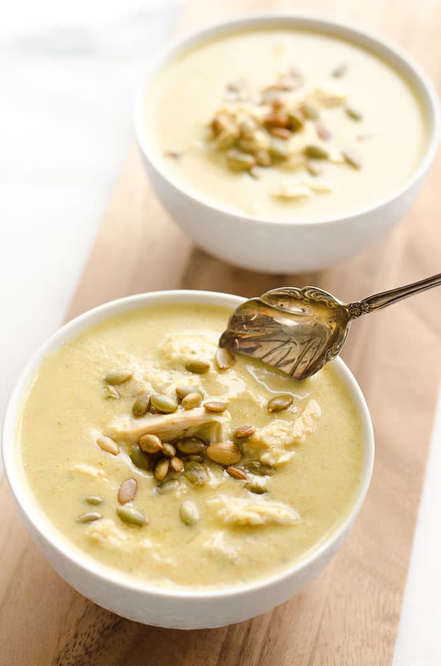 Light & Creamy Roasted Poblano Chicken Soup is a surprisingly healthy dinner full of rich flavor from roasted poblano peppers, onion and tender chicken. This delicious soup is full of bold flavors for a fun twist on chicken soup.