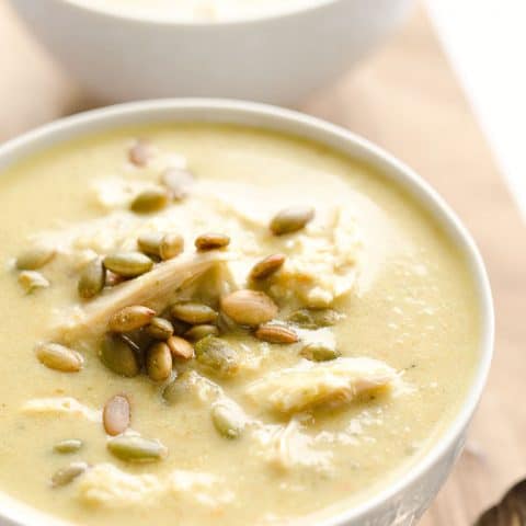 Light & Creamy Roasted Poblano Chicken Soup is a surprisingly healthy dinner full of rich flavor from roasted poblano peppers, onion and tender chicken. This delicious soup is full of bold flavors for a fun twist on chicken soup.
