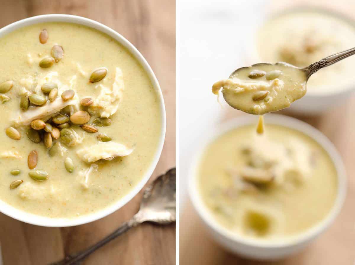 Light & Creamy Roasted Poblano Chicken Soup is a surprisingly healthy dinner full of rich flavor from roasted poblano peppers, onion and tender chicken. This delicious soup is full of bold flavors for a fun twist on chicken soup.