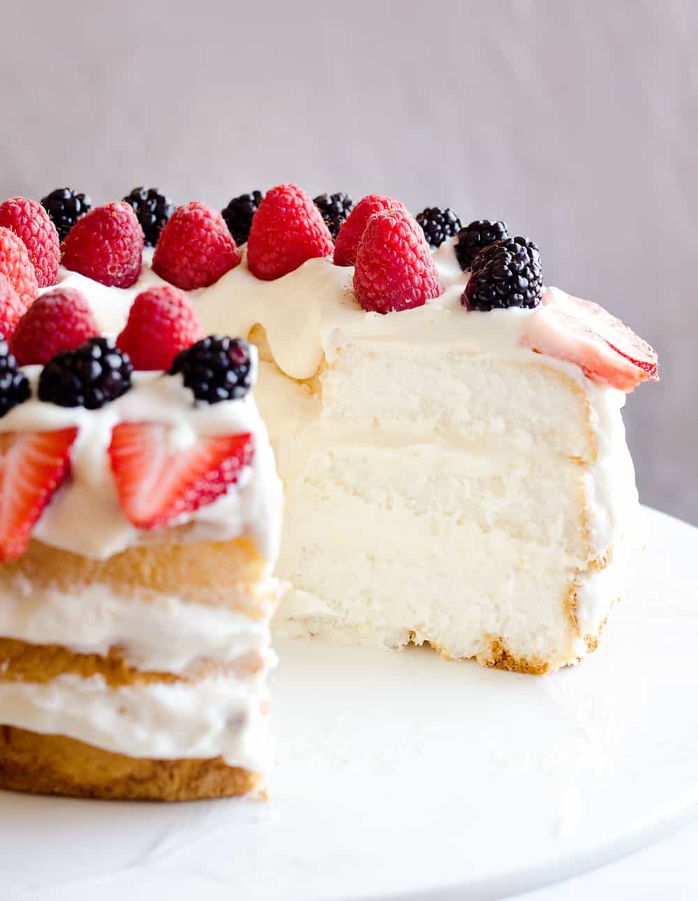 Light Berry Angel Food Cake is an easy and delicious 15 minute dessert. Angel food cake is layered with luscious white chocolate Cool Whip and topped with fresh berries for a guilt-free treat!