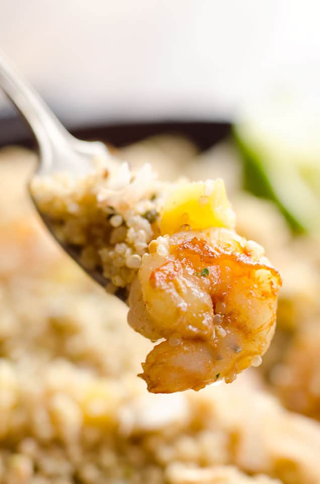 Light Coconut Shrimp & Pineapple Quinoa Skillet is a tropical dinner idea loaded with healthy ingredients. Quinoa, shrimp, pineapple and unsweetened coconut make up this flavorful and delicious dish for a healthy meal everyone will love. 