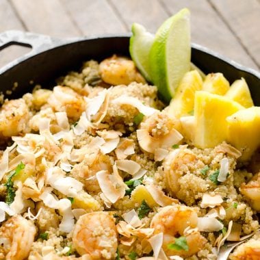 Light Coconut Shrimp & Pineapple Quinoa Skillet is a tropical dinner idea loaded with healthy ingredients. Quinoa, shrimp, pineapple and unsweetened coconut make up this flavorful and delicious dish for a healthy meal everyone will love.